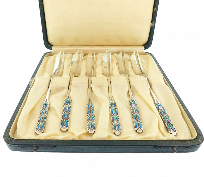 Set Liberty &amp; Co. Sterling Silver Bernard Cuzner Enameled Pastry Forks