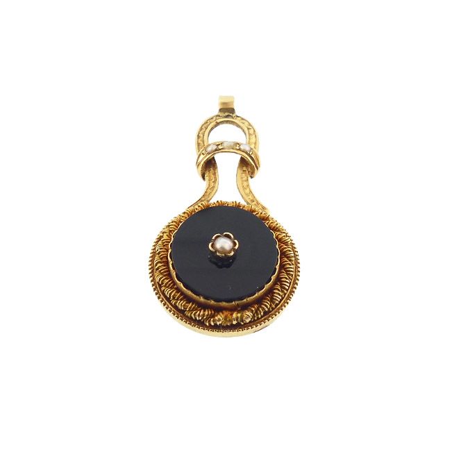 French Victorian 18K Gold, Onyx &amp; Pearl Pendant