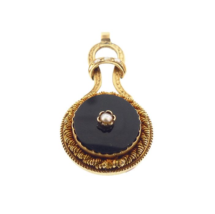 French Victorian 18K Gold, Onyx &amp; Pearl Pendant