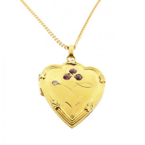 Edwardian French 18K Gold, Ruby & Diamond Heart Locket