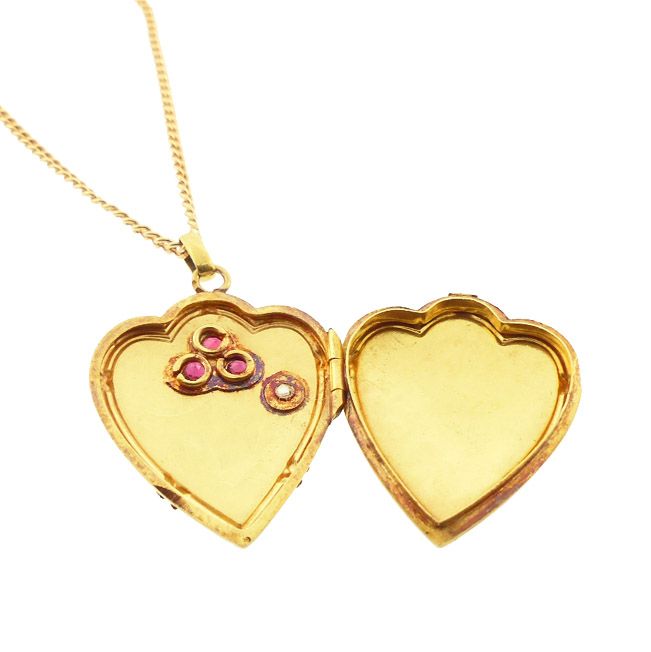 Edwardian French 18K Gold, Ruby &amp; Diamond Heart Locket