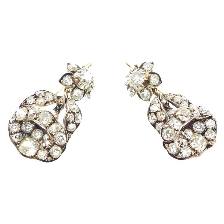 Georgian Gold, Silver &amp; Antique Cut Diamond Morning Glory Earrings