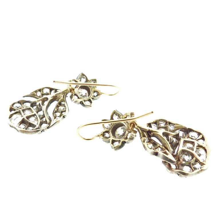 Georgian Gold, Silver &amp; Antique Cut Diamond Morning Glory Earrings