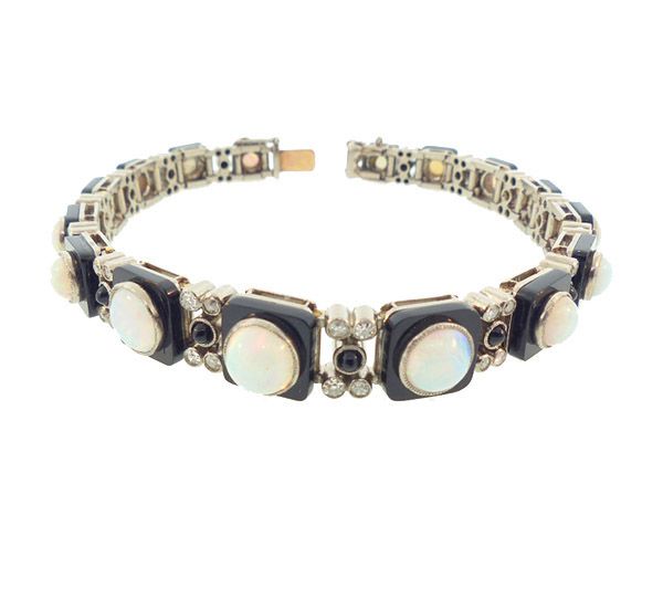 Art Deco White Gold, Onyx, Diamond & Opal Line Bracelet