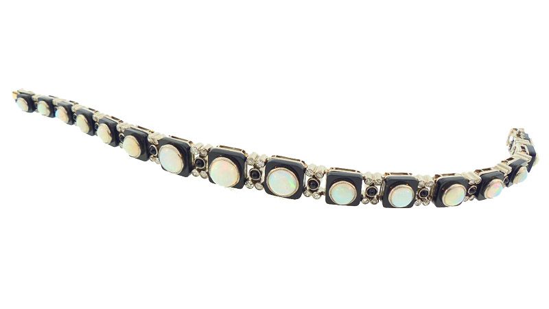 Art Deco White Gold, Onyx, Diamond &amp; Opal Line Bracelet