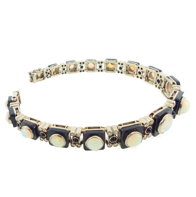 Art Deco White Gold, Onyx, Diamond &amp; Opal Line Bracelet