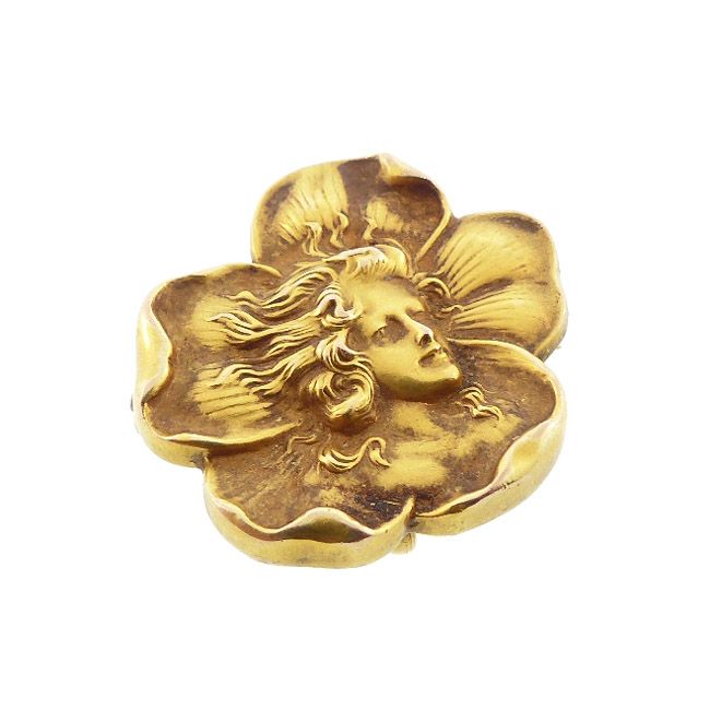 Art Nouveau 14K Gold Pansy Lady Watch Pin