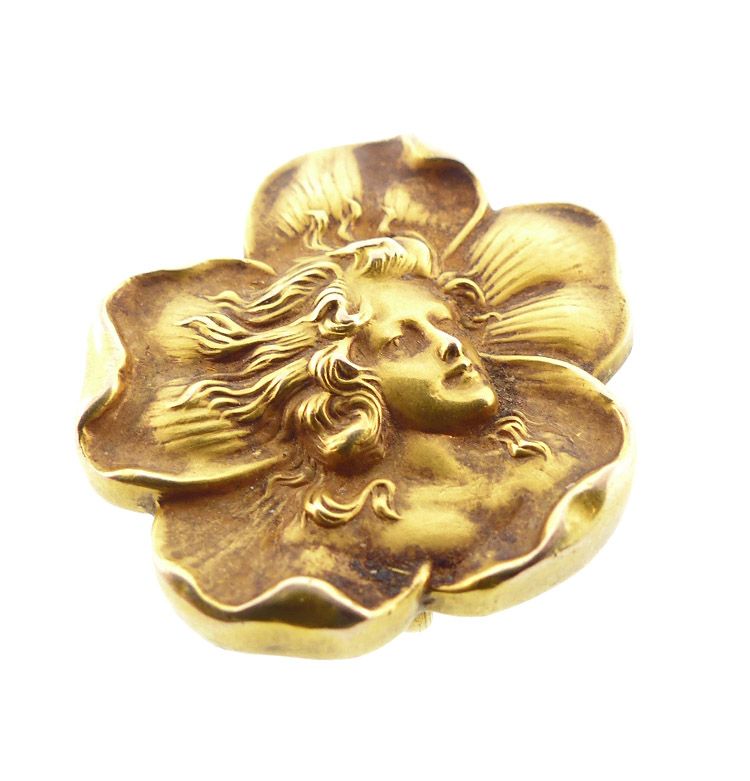 Art Nouveau 14K Gold Pansy Lady Watch Pin