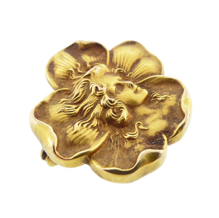 Art Nouveau 14K Gold Pansy Lady Watch Pin