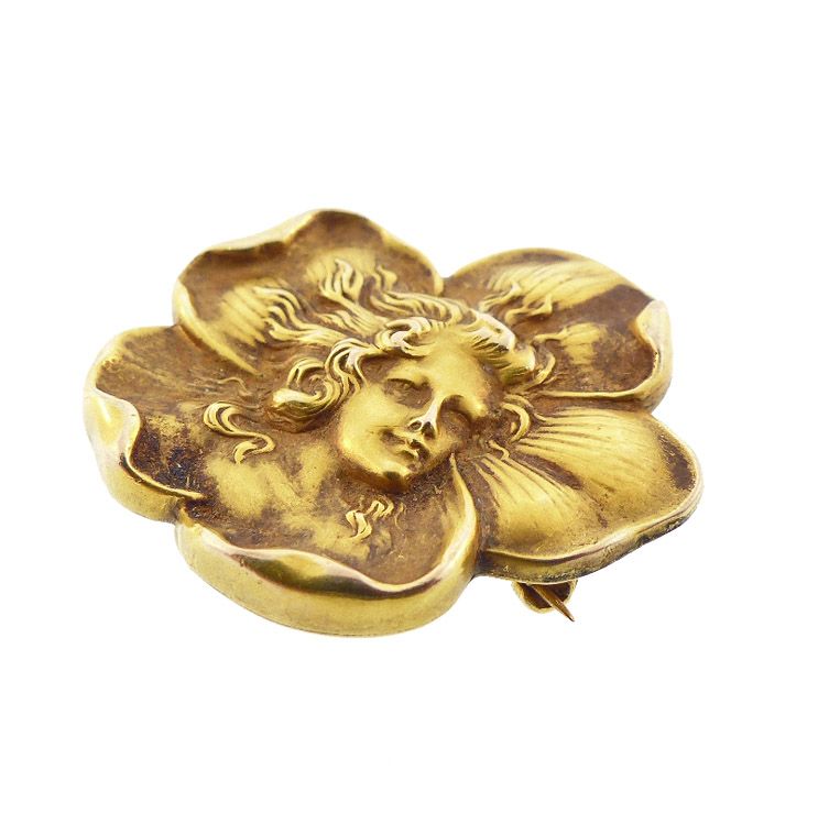 Art Nouveau 14K Gold Pansy Lady Watch Pin