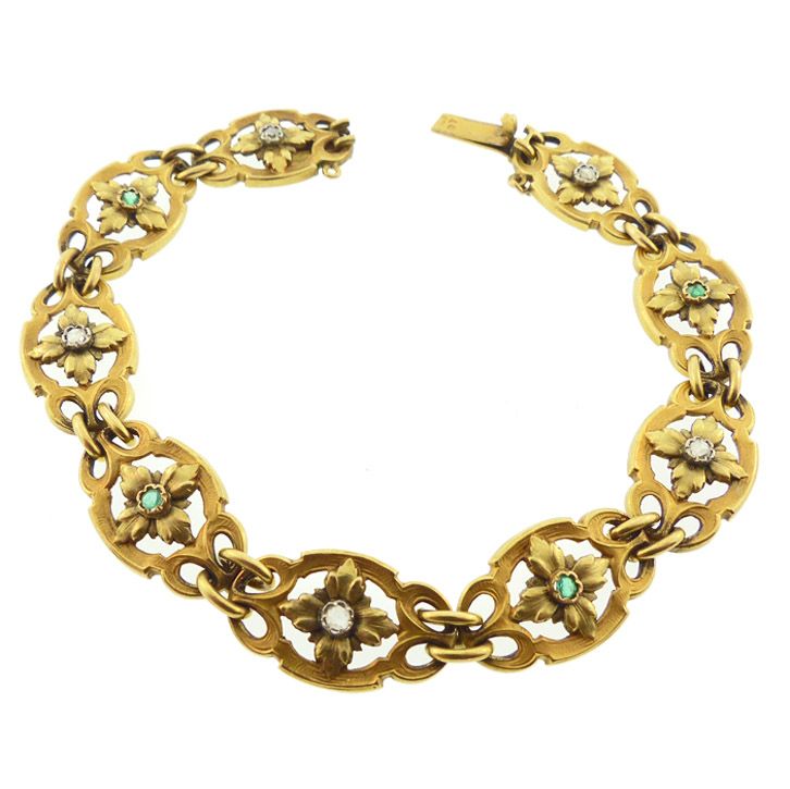 French Belle Epoque 18K Gold, Diamond &amp; Emerald Bracelet