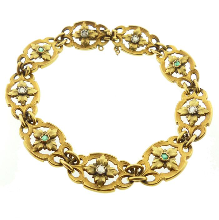 French Belle Epoque 18K Gold, Diamond &amp; Emerald Bracelet