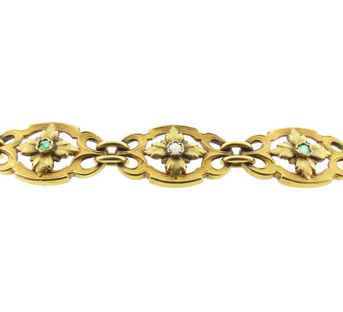 French Belle Epoque 18K Gold, Diamond &amp; Emerald Bracelet