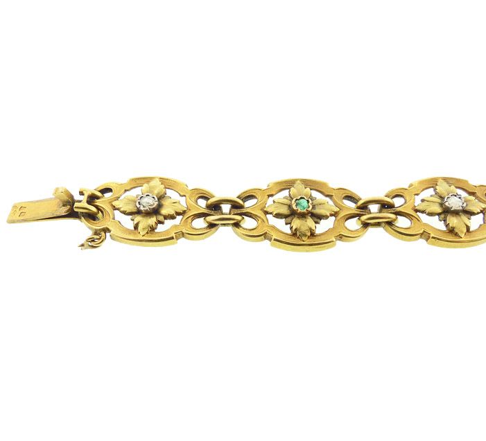 French Belle Epoque 18K Gold, Diamond &amp; Emerald Bracelet