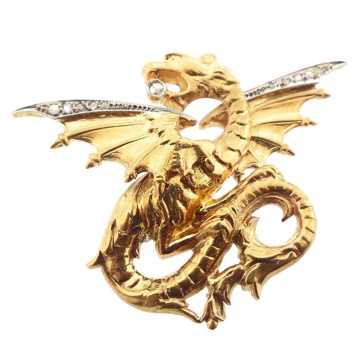 French Art Nouveau 18K Gold, Platinum, &amp; Diamond Griffin Pendant