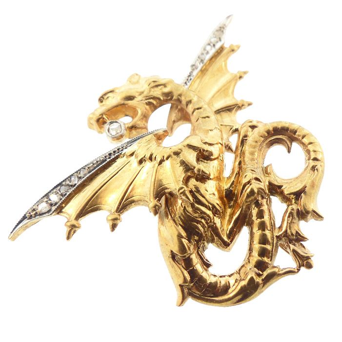 French Art Nouveau 18K Gold, Platinum, &amp; Diamond Griffin Pendant