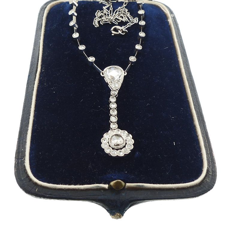 French Belle Epoque Platinum &amp; Diamond Lavaliere Necklace