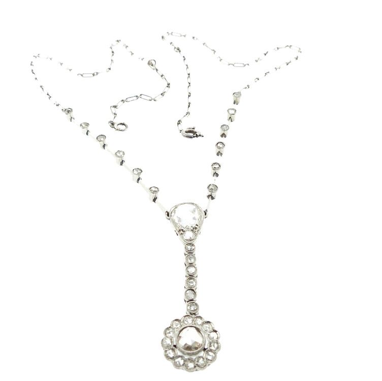 French Belle Epoque Platinum &amp; Diamond Lavaliere Necklace