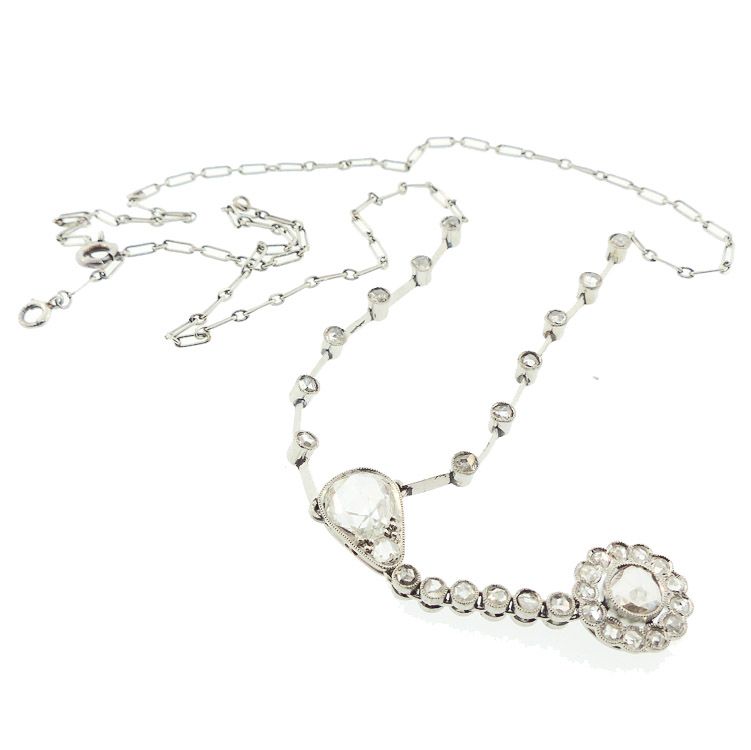 French Belle Epoque Platinum &amp; Diamond Lavaliere Necklace