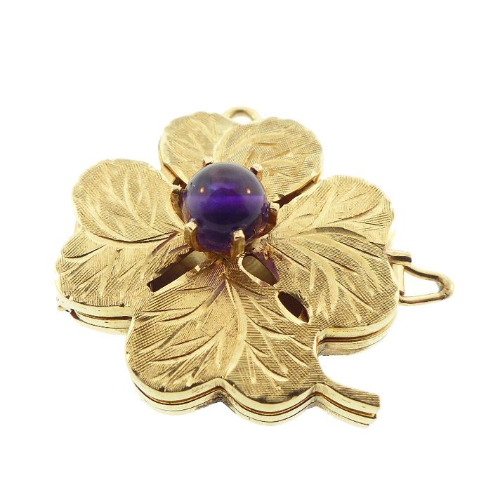 Late Retro 14K Gold &amp; Amethyst 4-Leaf Clover Folding Locket / Charm