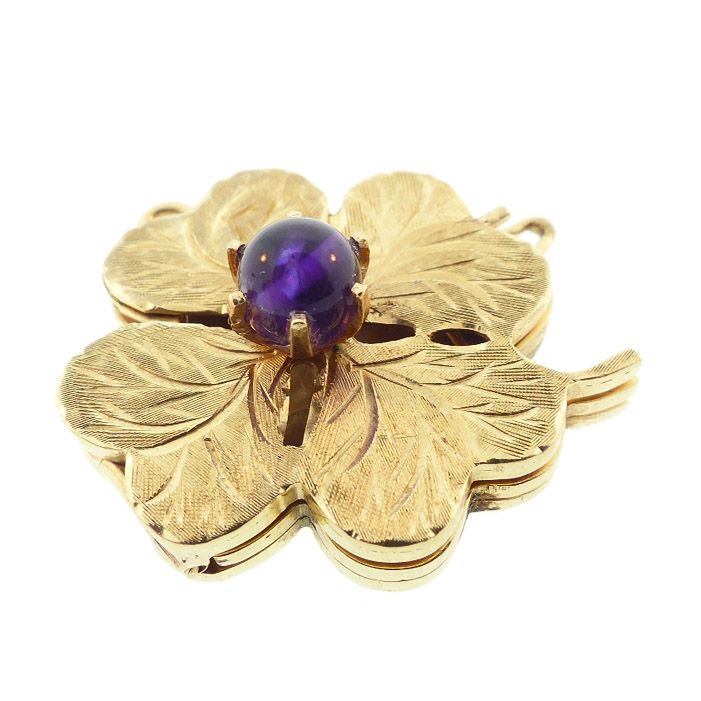 Late Retro 14K Gold &amp; Amethyst 4-Leaf Clover Folding Locket / Charm