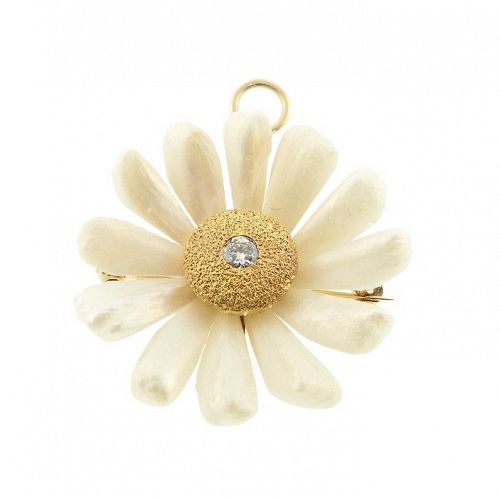 Art Nouveau 14K Gold, Mississippi River Pearl & Diamond Pendant / Pin