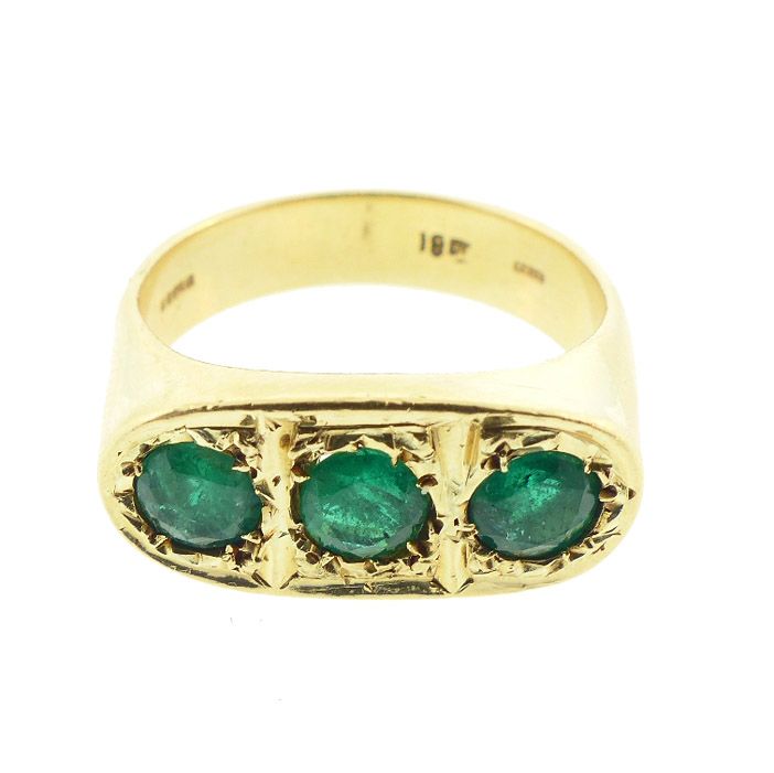 18K Yellow Gold &amp; Columbian Emerald Gentleman’s Three-Stone Ring