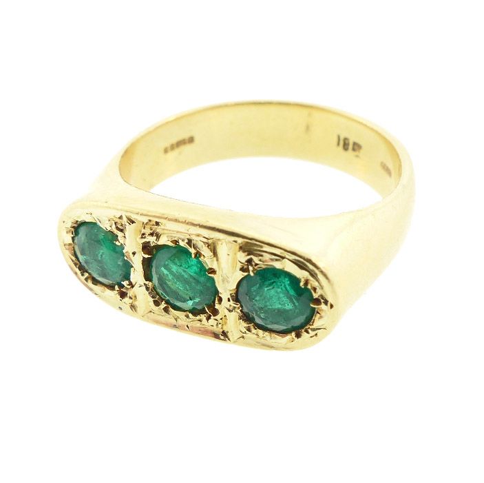 18K Yellow Gold &amp; Columbian Emerald Gentleman’s Three-Stone Ring