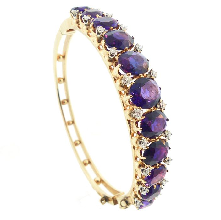 14K Gold, Amethyst &amp; Diamond Hinged Bangle Bracelet