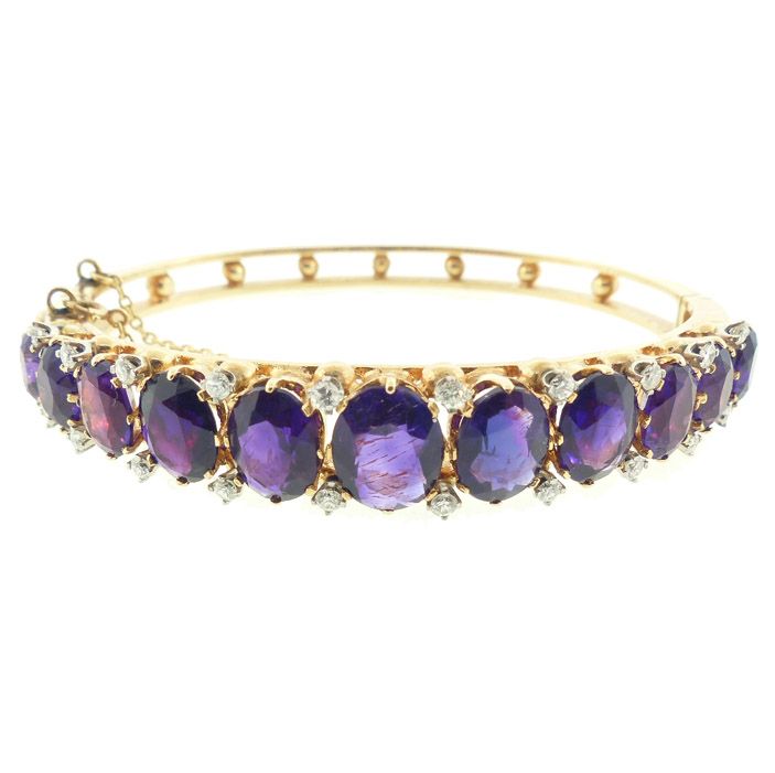 14K Gold, Amethyst &amp; Diamond Hinged Bangle Bracelet