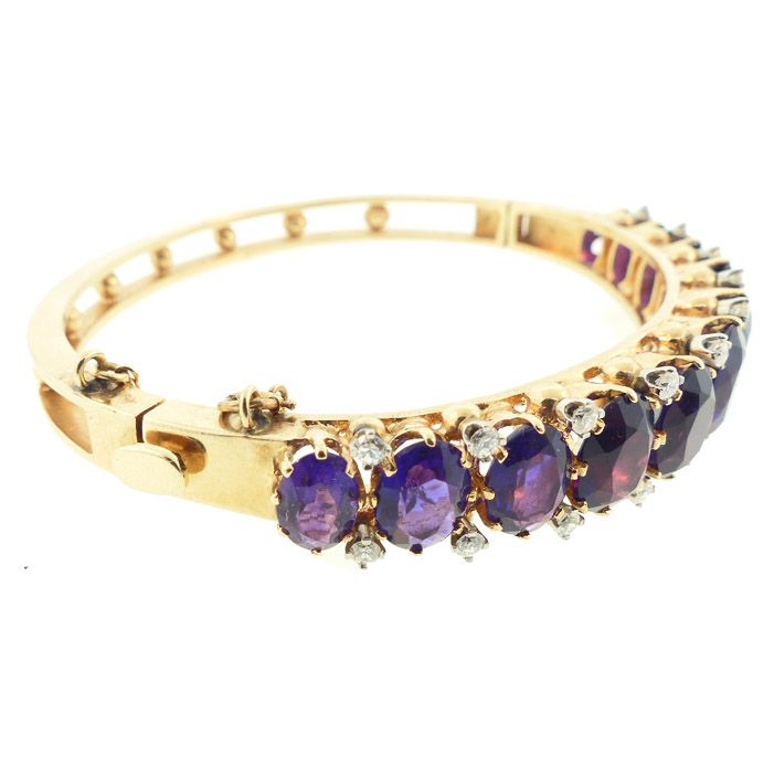 14K Gold, Amethyst &amp; Diamond Hinged Bangle Bracelet