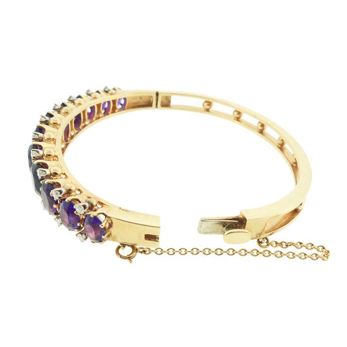 14K Gold, Amethyst &amp; Diamond Hinged Bangle Bracelet