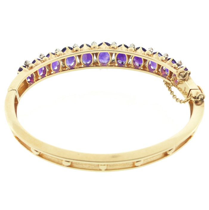 14K Gold, Amethyst &amp; Diamond Hinged Bangle Bracelet