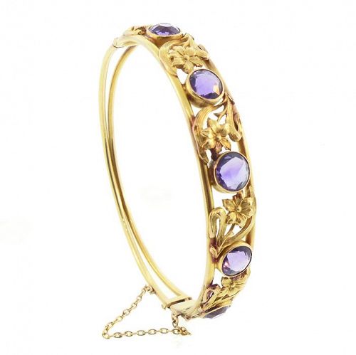 Art Nouveau 14K Gold & Amethyst Hinged Bangle Bracelet