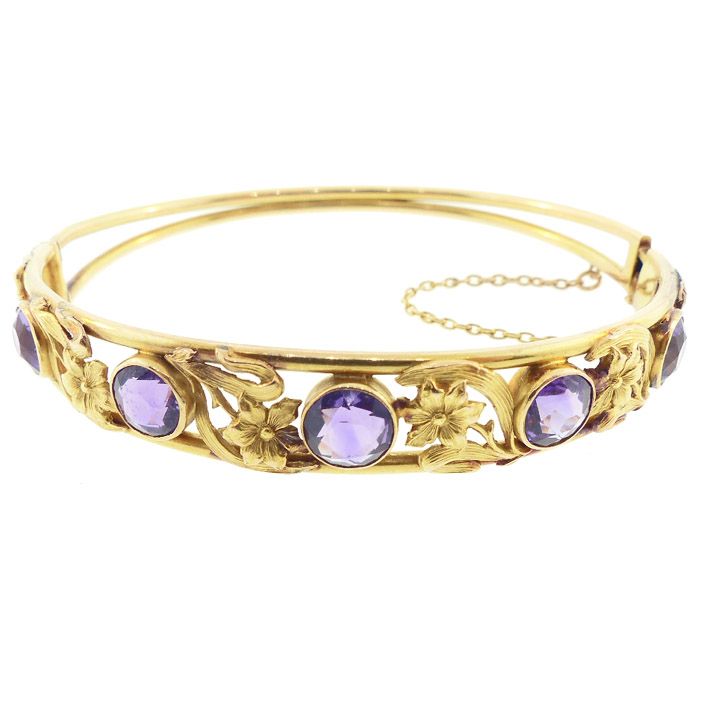 Art Nouveau 14K Gold &amp; Amethyst Hinged Bangle Bracelet