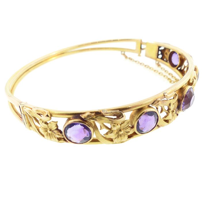 Art Nouveau 14K Gold &amp; Amethyst Hinged Bangle Bracelet