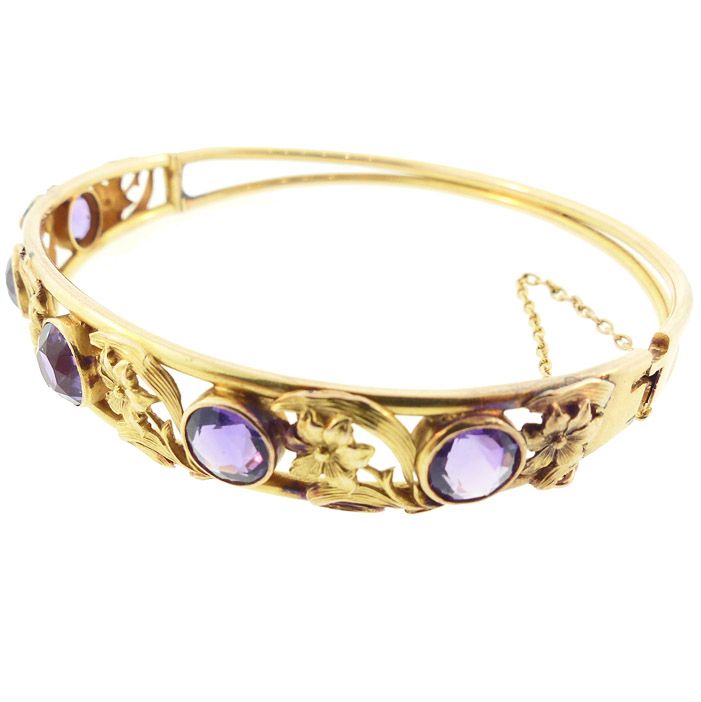 Art Nouveau 14K Gold &amp; Amethyst Hinged Bangle Bracelet