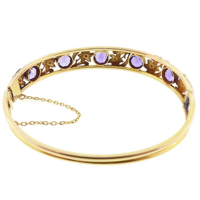 Art Nouveau 14K Gold &amp; Amethyst Hinged Bangle Bracelet