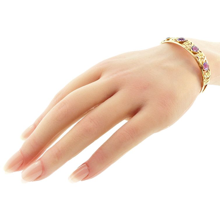 Art Nouveau 14K Gold &amp; Amethyst Hinged Bangle Bracelet