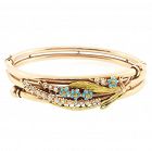 Victorian 14K Gold, Turquoise Seed Pearl Wheat By-pass Bangle Bracelet