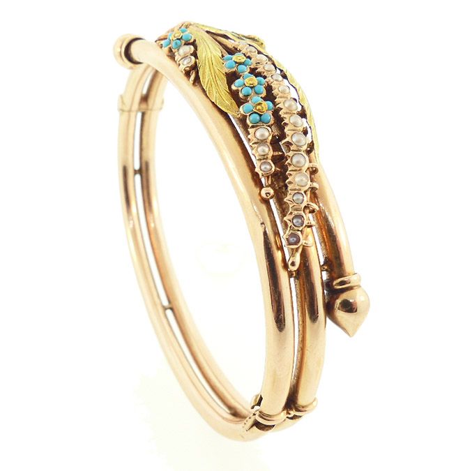 Victorian 14K Gold, Turquoise Seed Pearl Wheat By-pass Bangle Bracelet