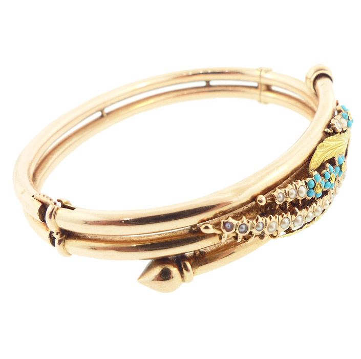 Victorian 14K Gold, Turquoise Seed Pearl Wheat By-pass Bangle Bracelet