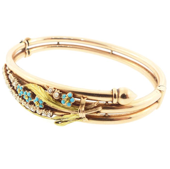 Victorian 14K Gold, Turquoise Seed Pearl Wheat By-pass Bangle Bracelet