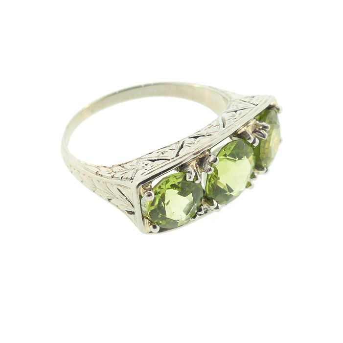 Art Deco 18K White Gold Peridot Three-Stone Ring