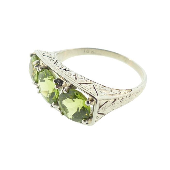 Art Deco 18K White Gold Peridot Three-Stone Ring