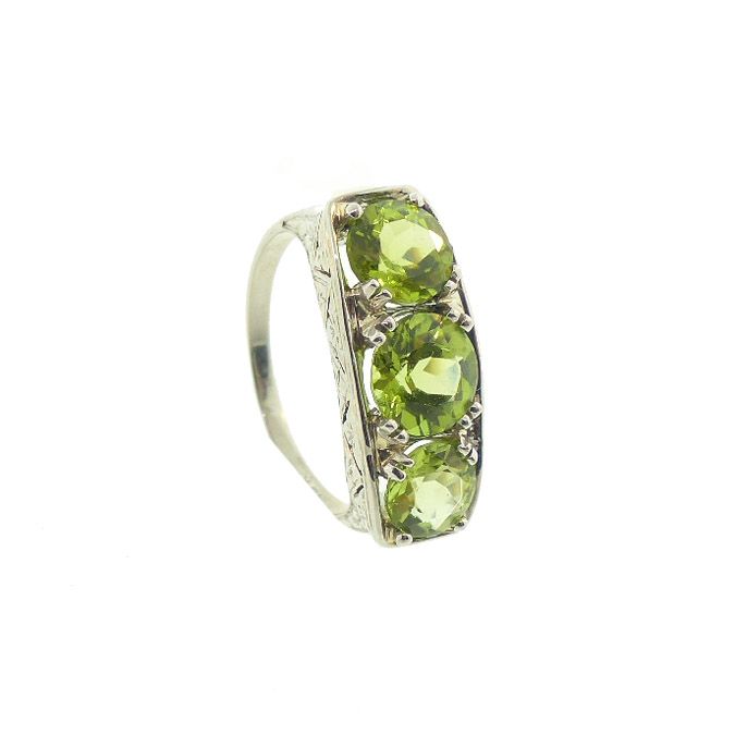 Art Deco 18K White Gold Peridot Three-Stone Ring