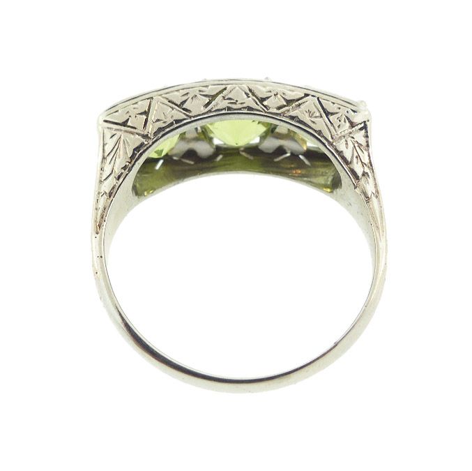 Art Deco 18K White Gold Peridot Three-Stone Ring