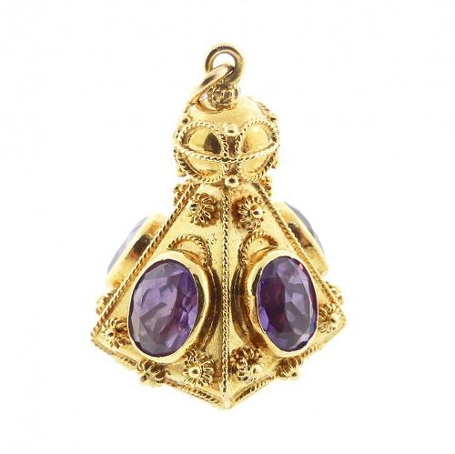 Venetian Etruscan 18K Gold & Amethyst Fob Charm Pendant