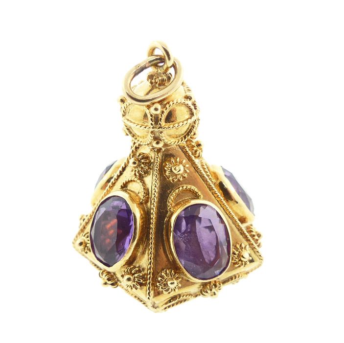 Venetian Etruscan 18K Gold &amp; Amethyst Fob Charm Pendant