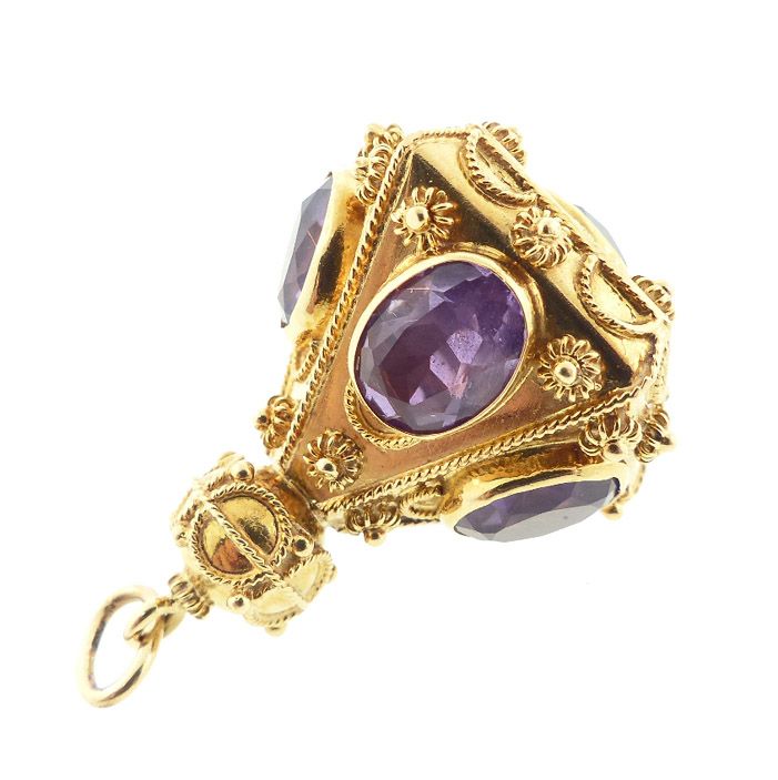 Venetian Etruscan 18K Gold &amp; Amethyst Fob Charm Pendant